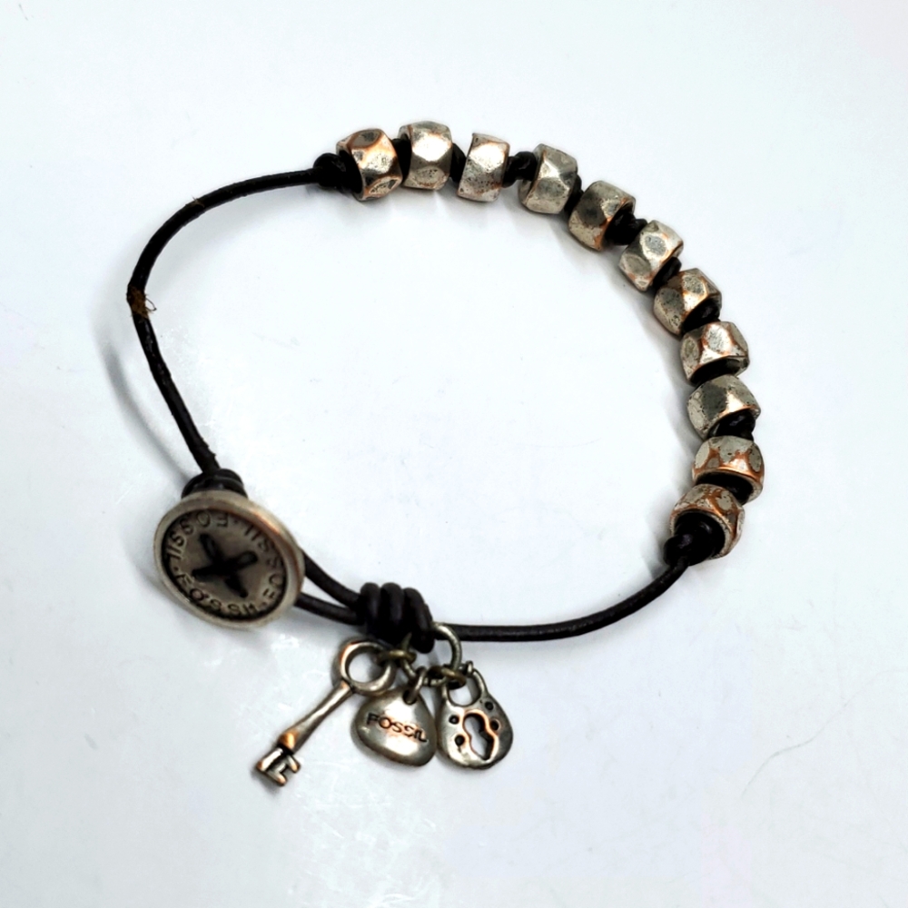 Fossil Brown Leather Cord and Silver Toned Beaded Bracelet